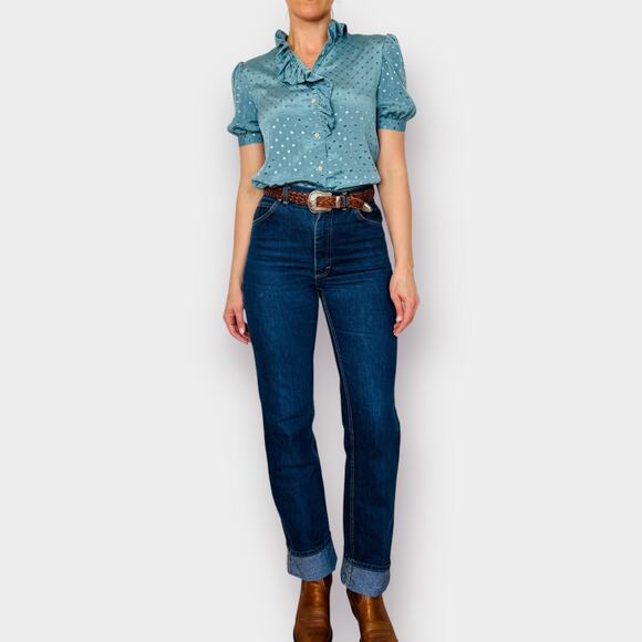 80s Blue Short Sleeve Ruffle Blouse Size M - Picture 2 of 5